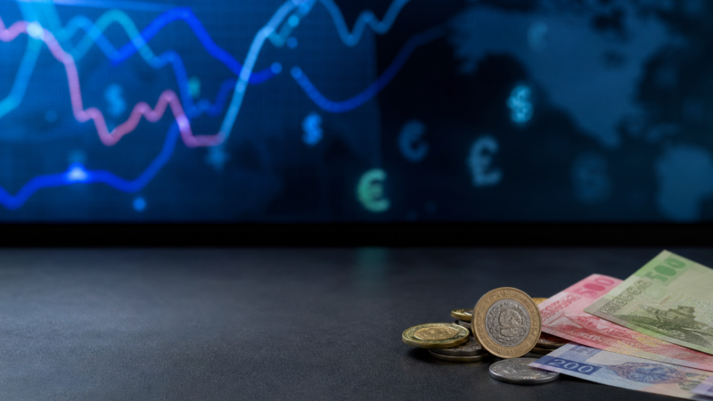 Monedas y billetes mexicanos junto a una pantalla con referencias cambiarias