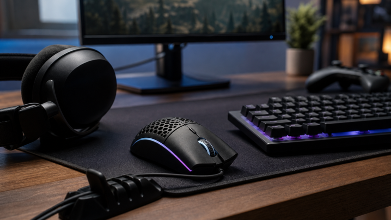 Mouse, teclado y audífonos para una estación de eSports