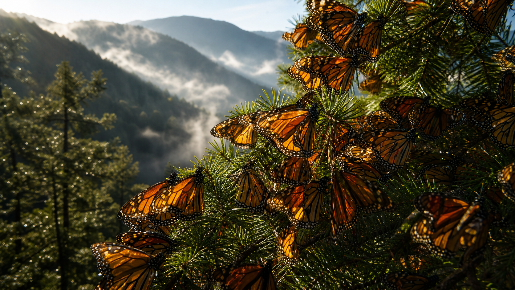 Mariposas monarca descansan sobre ramas de oyamel en un bosque del centro de México