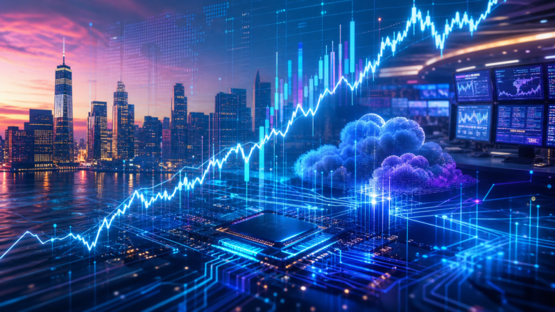 Ilustración editorial del cierre alcista del Nasdaq con tecnología, nube y semiconductores
