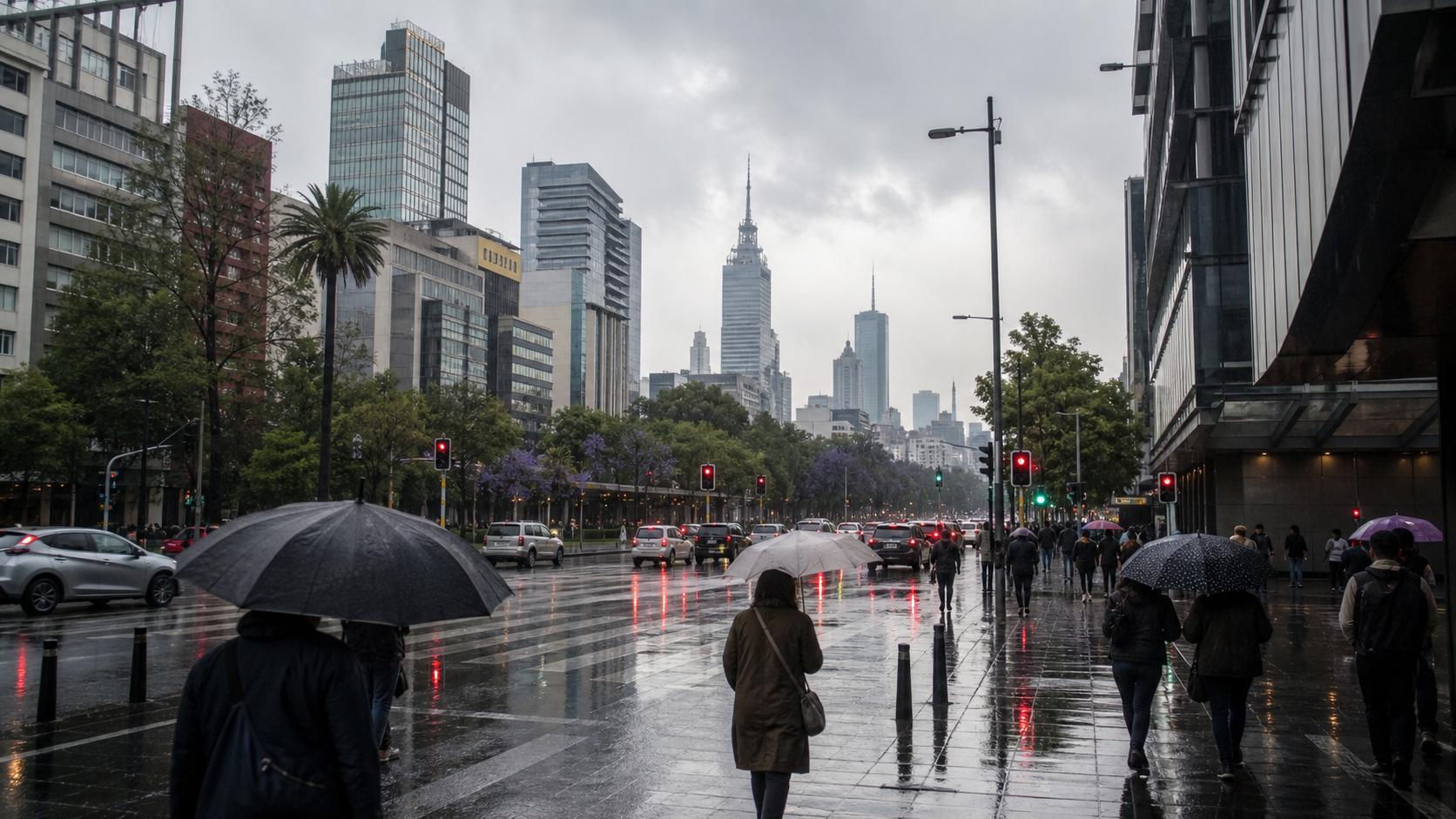 Lluvia vespertina en una avenida de la Ciudad de Mexico