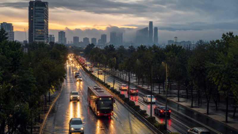 Avenida de Ciudad de México con tráfico matutino y pavimento mojado bajo cielo nublado