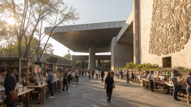 Exterior del Museo Nacional de Antropología con visitantes y puestos de libros durante una feria cultural
