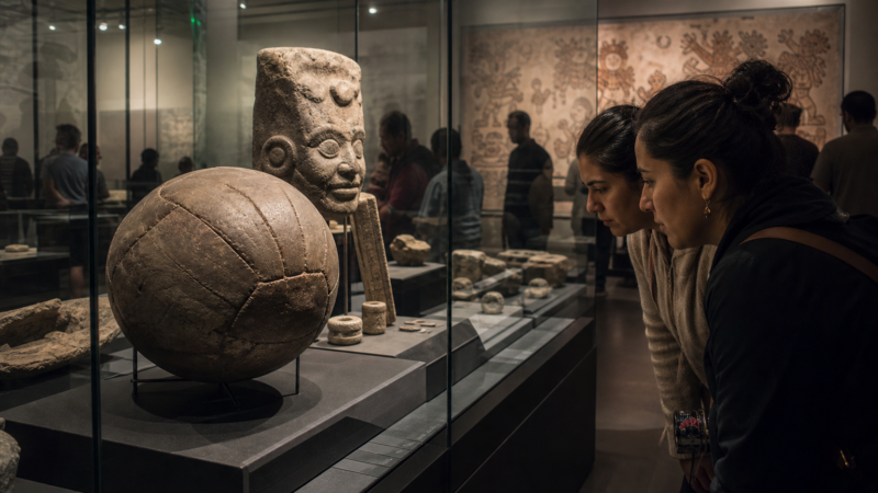 Vitrina de museo con una pelota de hule y piezas prehispánicas observadas por visitantes