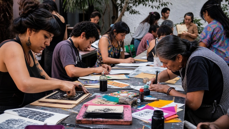 Personas de distintas edades participan en un taller comunitario de estampa y elaboración artesanal