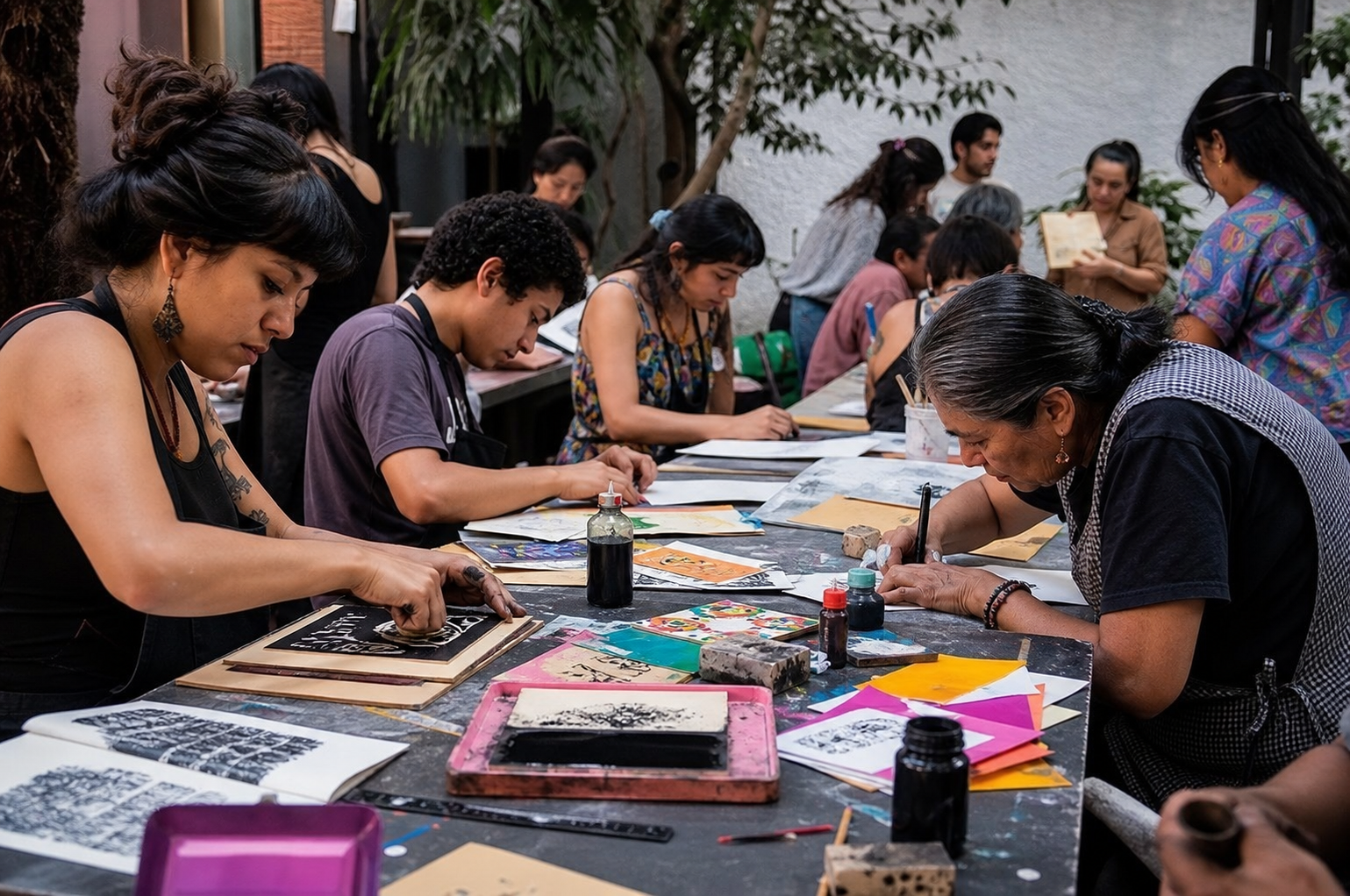 Personas de distintas edades participan en un taller comunitario de estampa y elaboración artesanal