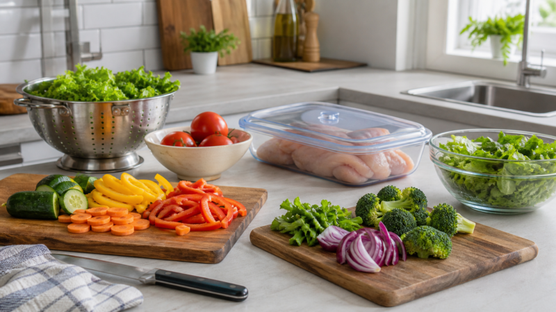 Cocina organizada con tablas separadas, verduras lavadas y alimentos crudos apartados
