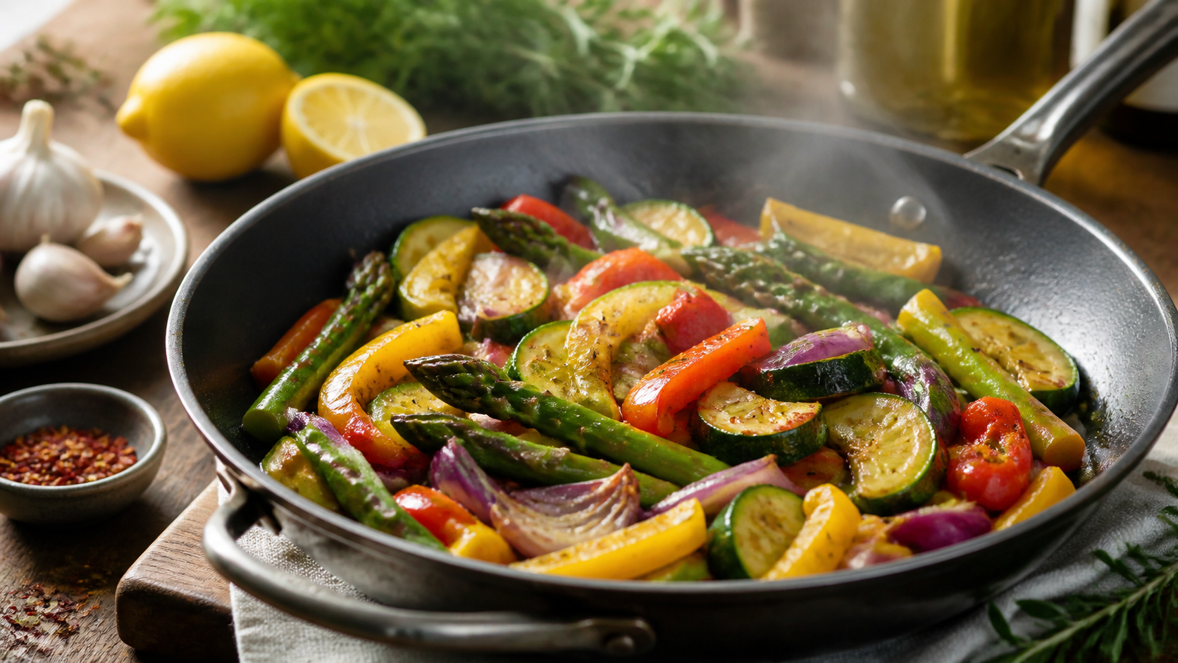Verduras coloridas cocinadas suavemente en un sartén con hierbas y limón
