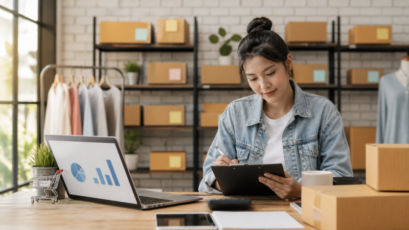 Espacio de trabajo de una pequeña empresa con inventario organizado y control de operaciones
