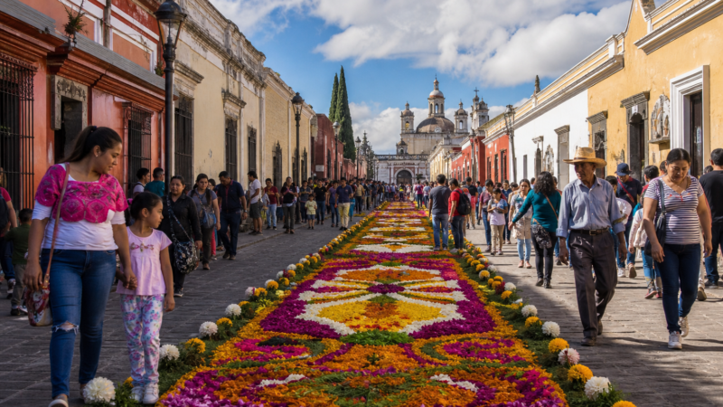 Visitantes recorren una calle de Huamantla decorada con un tapete de flores de colores