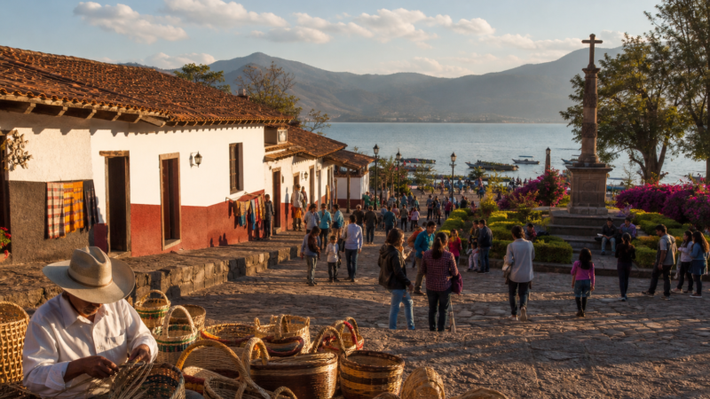 Visitantes recorren una plaza de Pátzcuaro frente al lago entre artesanías y arquitectura tradicional