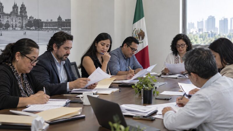 Ilustración editorial de personal electoral revisando mapas y documentos durante una sesión de trabajo