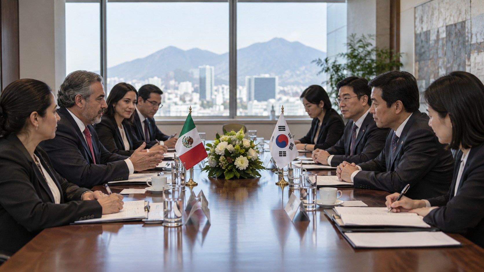 Ilustración editorial de delegaciones de México y Corea del Sur conversando en una sala de reuniones