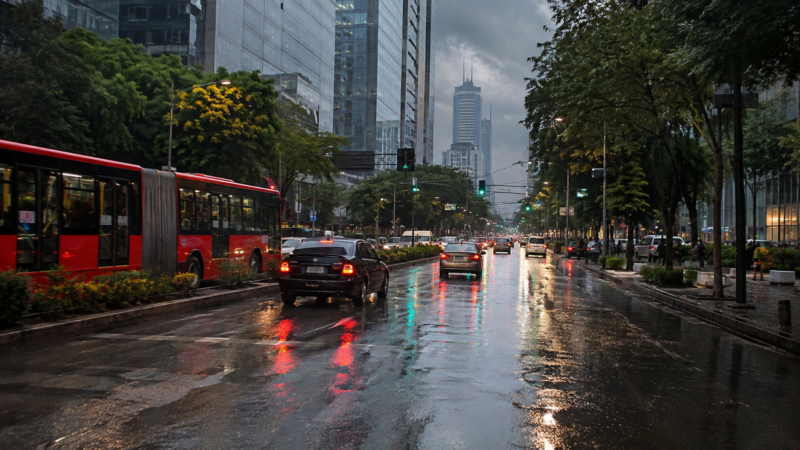 Avenida de Ciudad de México con transporte y automóviles sobre pavimento húmedo.