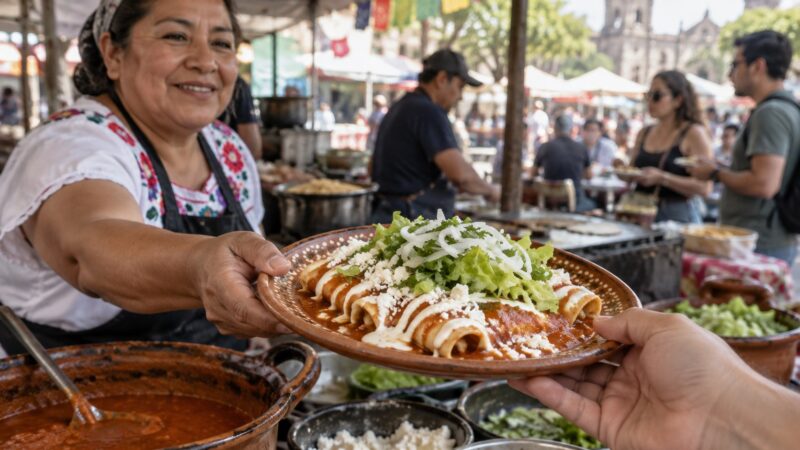 Ilustración editorial de enchiladas servidas en un puesto de comida de feria