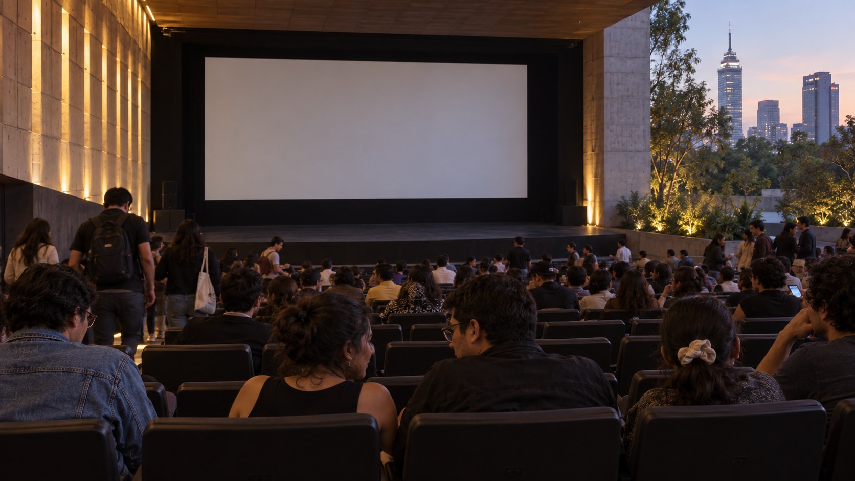 Ilustración editorial de público reunido ante una pantalla en un espacio de cine al aire libre