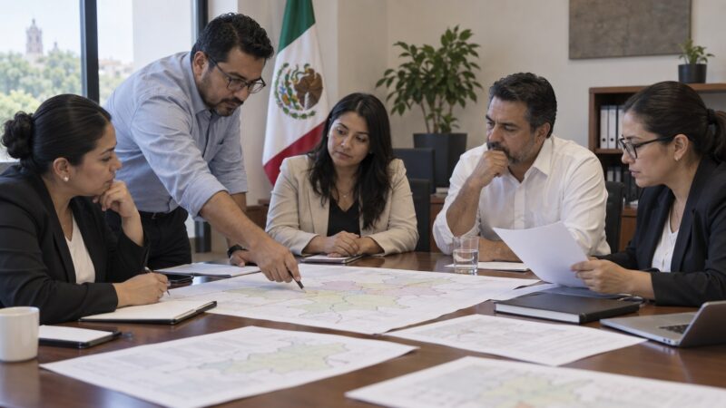 Ilustración editorial de consejeros electorales revisando mapas y documentos en una mesa