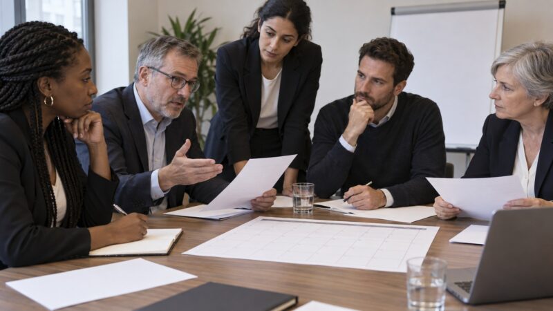 Ilustración editorial de representantes revisando calendarios y documentos en una reunión política