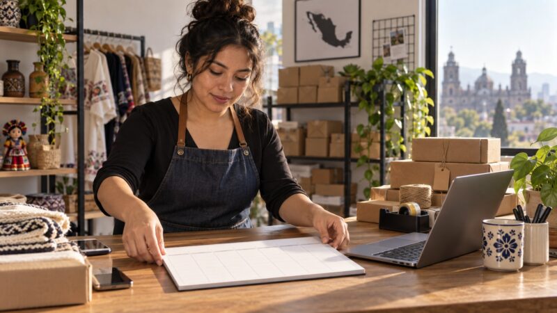 Ilustración de una emprendedora mexicana preparando una agenda junto a paquetes y una computadora.