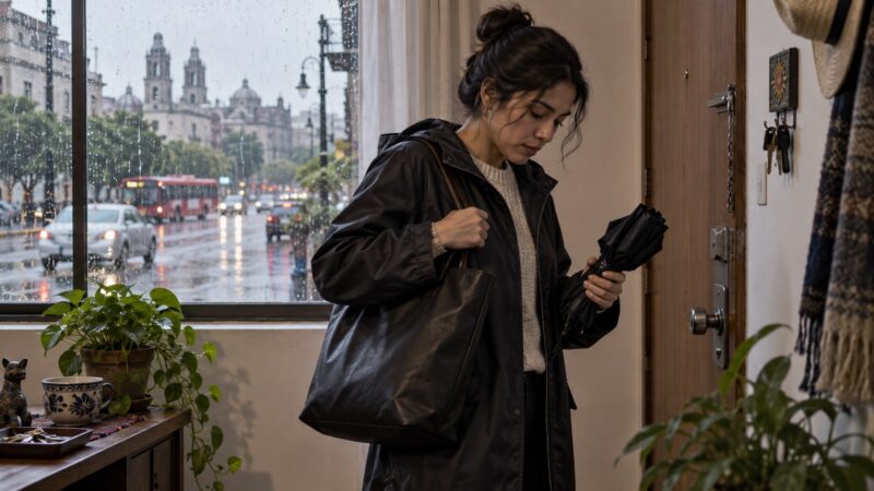 Ilustración editorial de una mujer alistando su paraguas antes de salir, con lluvia visible en la ciudad