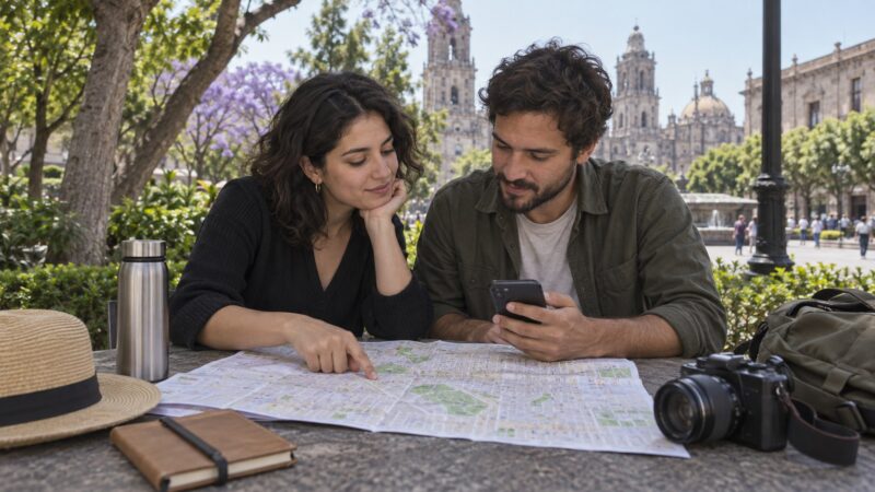 Ilustración editorial de una pareja consultando un mapa de la ciudad en un parque