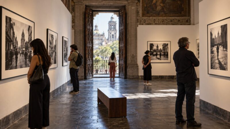 Ilustración de visitantes observando fotografías urbanas genéricas en una galería de arquitectura histórica.