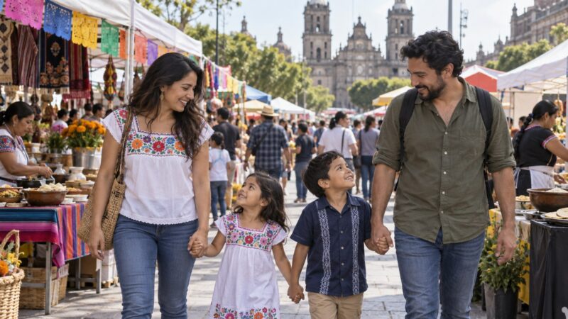 Ilustración editorial de una familia recorriendo una feria comunitaria al aire libre
