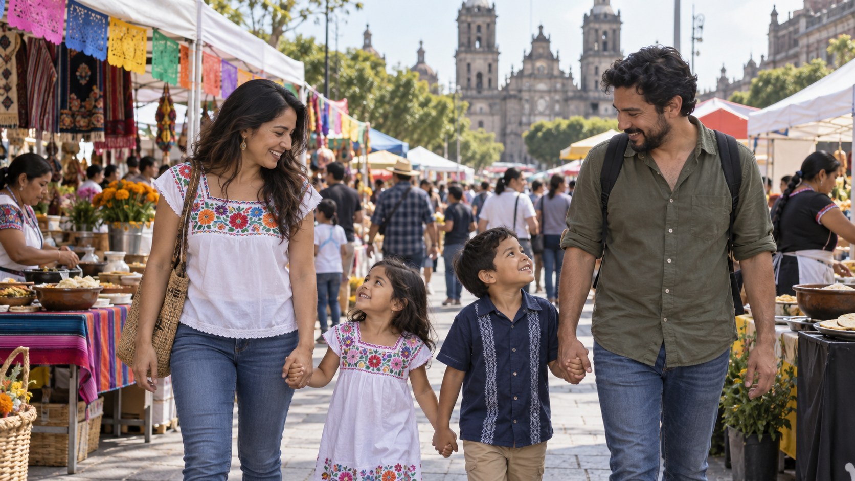 Ilustración editorial de una familia recorriendo una feria comunitaria al aire libre