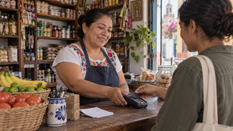 Ilustración editorial de una comerciante cobrando una compra en una tienda de barrio