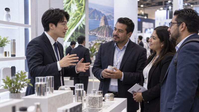 Ilustración editorial de representantes empresariales conversando durante una exposición comercial