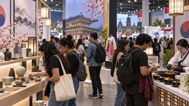 Ilustración editorial de visitantes recorriendo una exposición cultural en un centro de convenciones