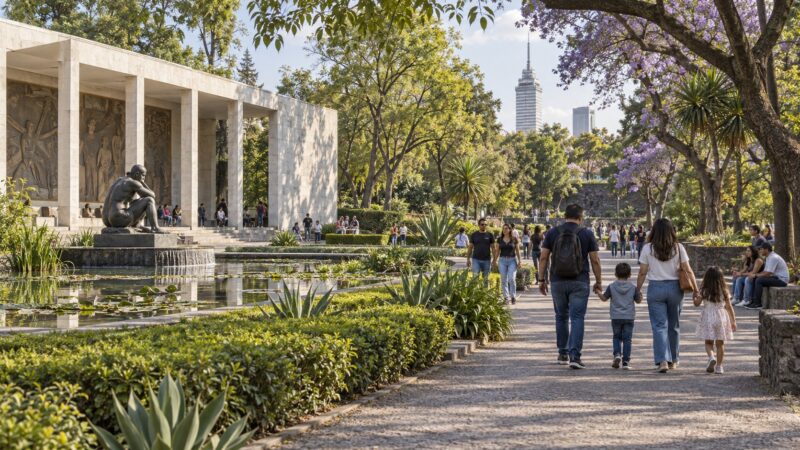 Ilustración editorial de visitantes caminando por jardines y pabellones de un complejo cultural