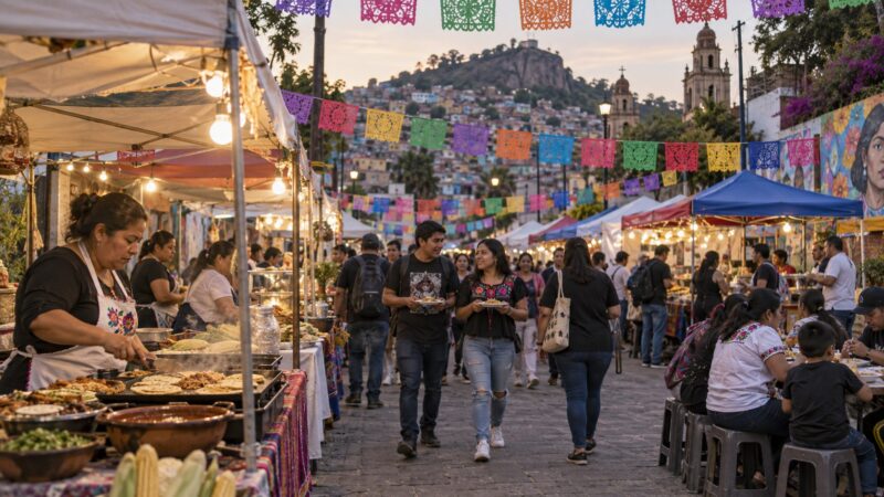 Ilustración editorial de visitantes entre puestos de comida de una feria al aire libre en Iztapalapa
