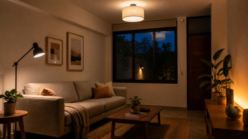 Sala de una casa mexicana pequeña con iluminación general, lámpara de lectura y luz ambiental cálida