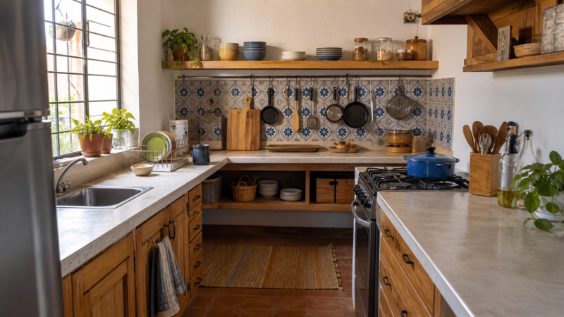 Cocina mexicana compacta organizada por estaciones de preparación, cocción y almacenamiento con superficies despejadas