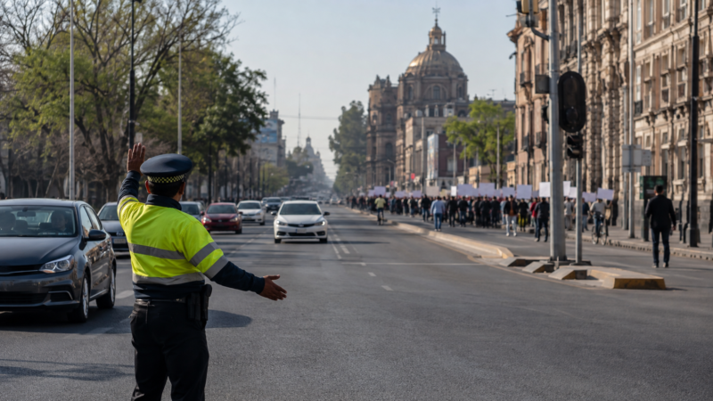 Agente de tránsito dirige la circulación durante una movilización en la Ciudad de México