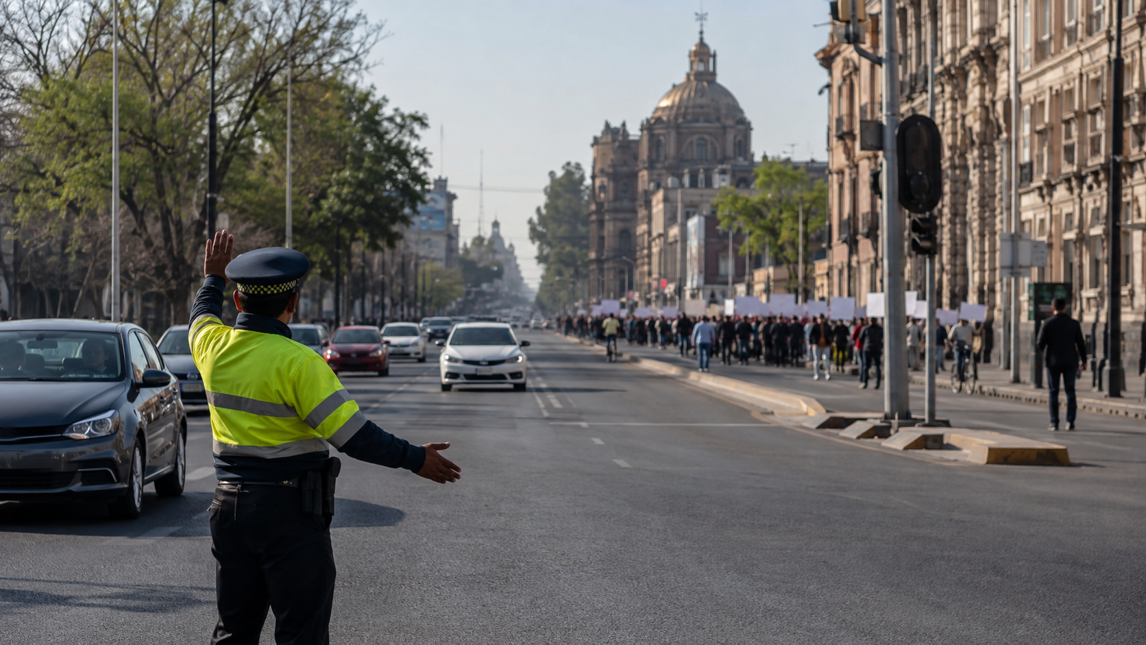 Agente de tránsito dirige la circulación durante una movilización en la Ciudad de México