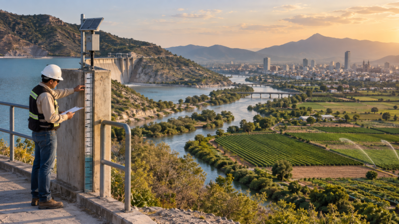 Vista aérea de una cuenca mexicana con una ciudad, cultivos y una planta de tratamiento de agua.