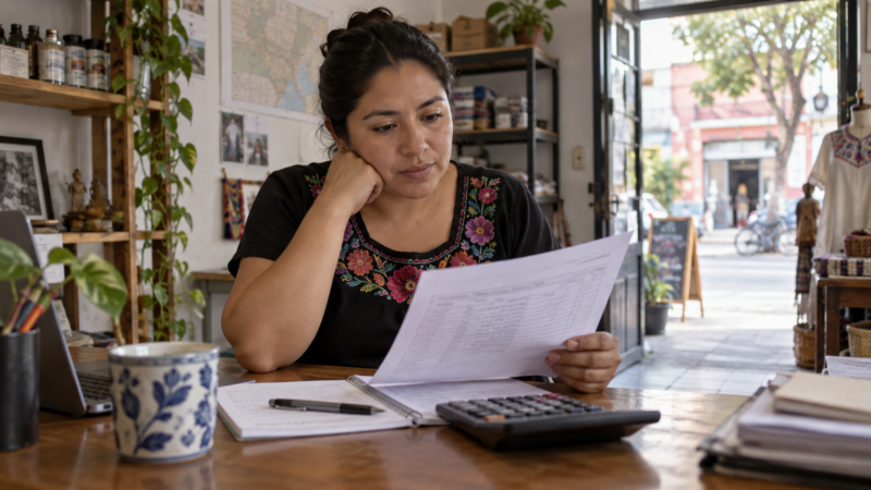Pequeña empresaria revisa un calendario de pagos y calcula el costo de un crédito en su local.