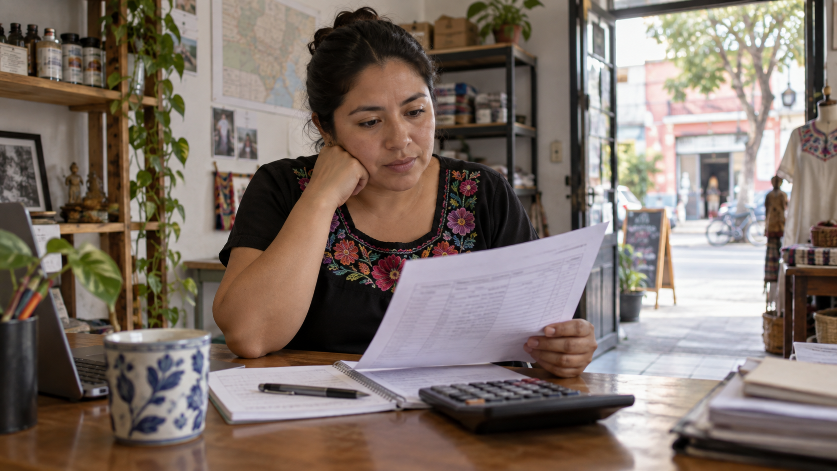 Pequeña empresaria revisa un calendario de pagos y calcula el costo de un crédito en su local.
