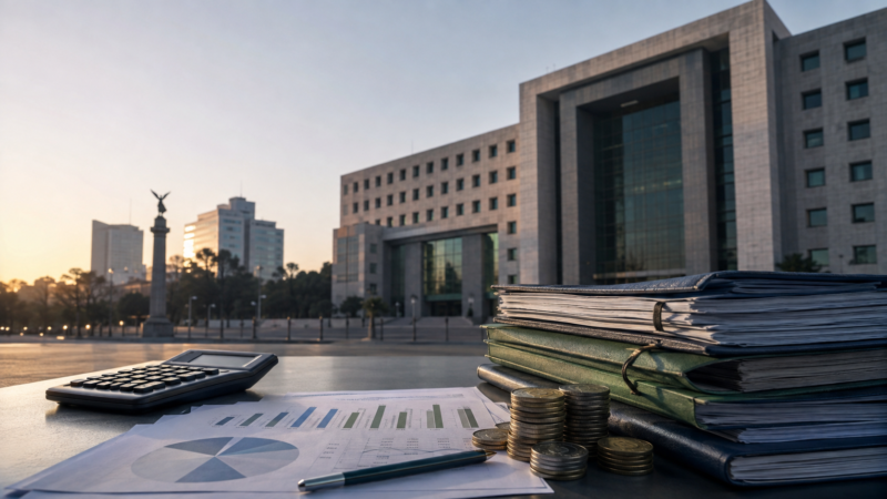 Documentos presupuestarios, monedas y calculadora frente a un edificio público en Ciudad de México para analizar ingresos y deuda.