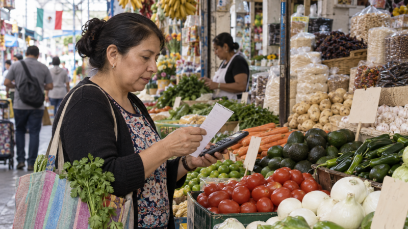 Consumidora compara precios y revisa una lista de compras en un mercado de la Ciudad de México.