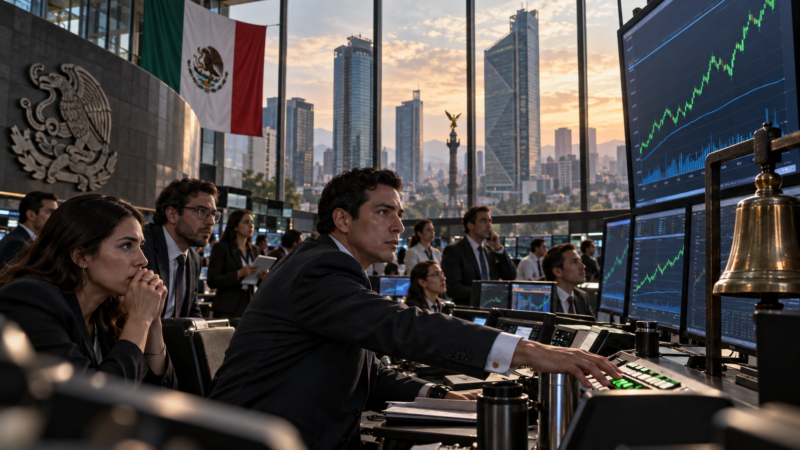 Vista editorial de un centro financiero mexicano con pantallas bursátiles y operadores observando el cierre positivo del mercado, sin texto ni logotipos.