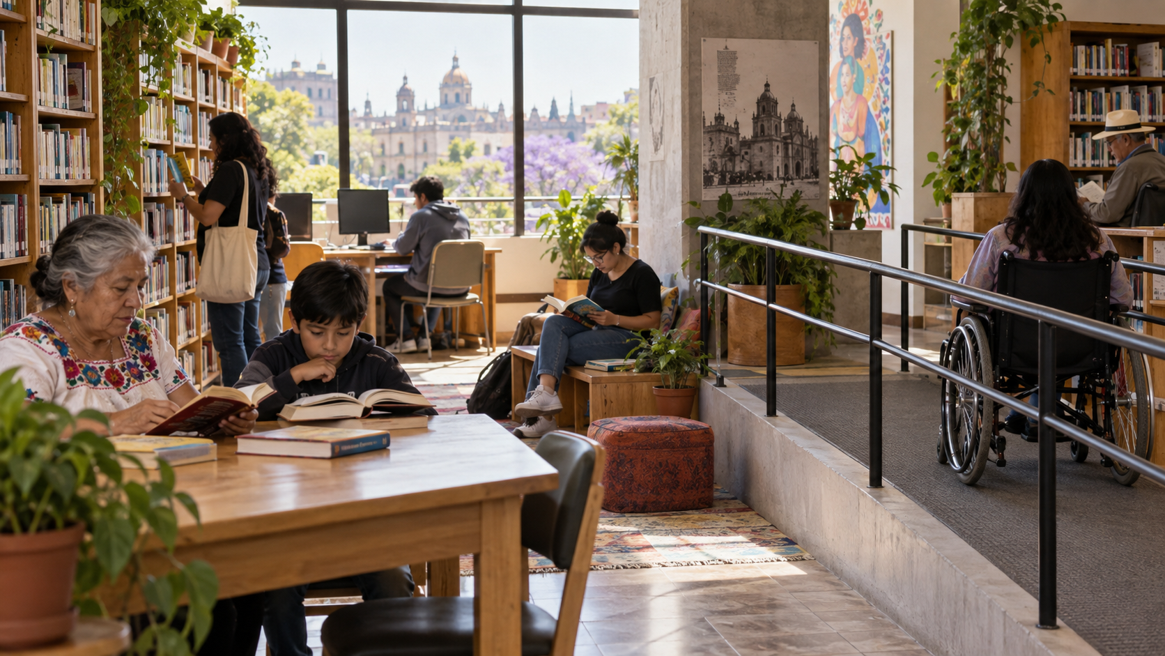 Vecinos leen y usan computadoras en una biblioteca pública de barrio en la Ciudad de México.