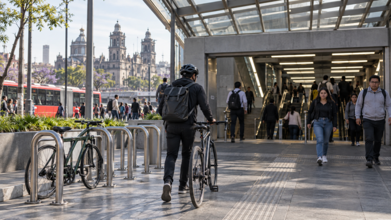 Ciclista llega a una estación de transporte público de la Ciudad de México durante la mañana.