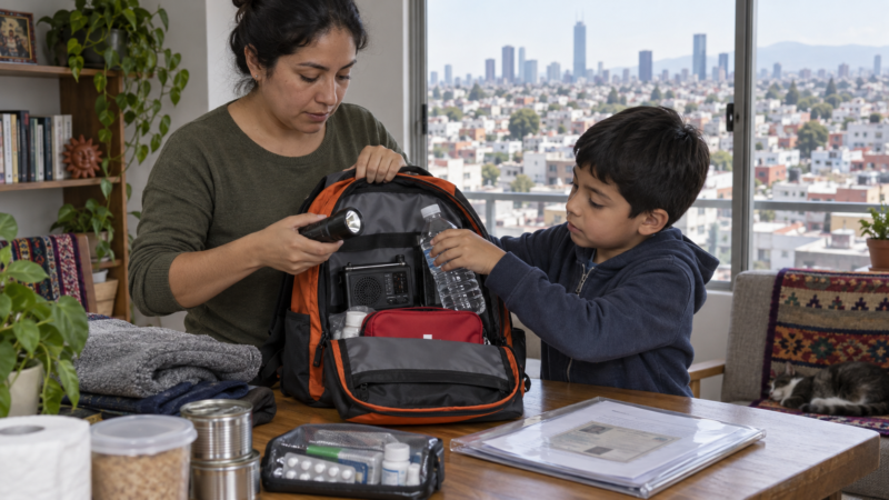 Una adulta y un niño organizan una mochila con linterna, radio y agua en un hogar de CDMX.