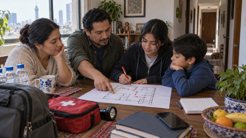 Una familia revisa un croquis y acuerda rutas de salida dentro de su departamento.
