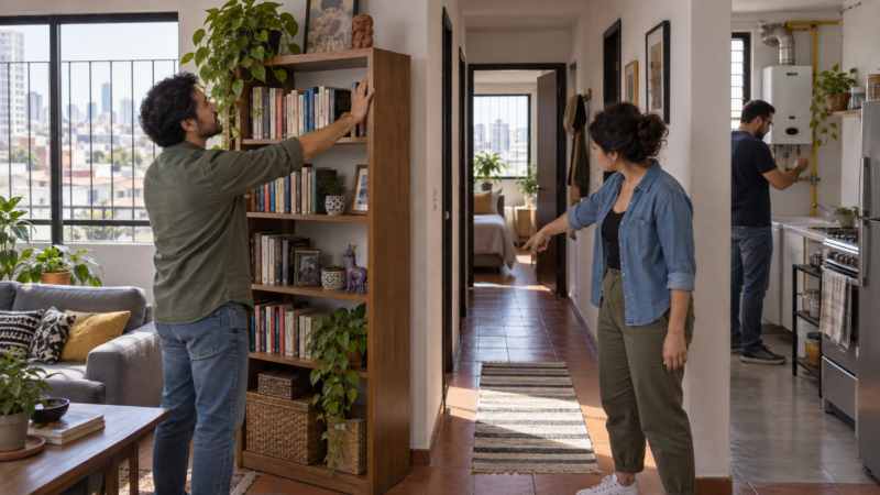 Una persona fija una repisa mientras otra comprueba que el pasillo de su vivienda esté despejado.