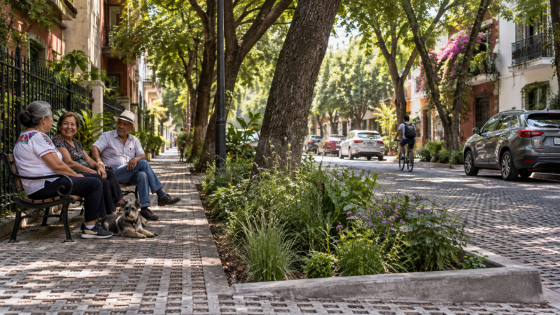 Vecinos caminan bajo árboles jóvenes en una calle de la Ciudad de México con superficies permeables.