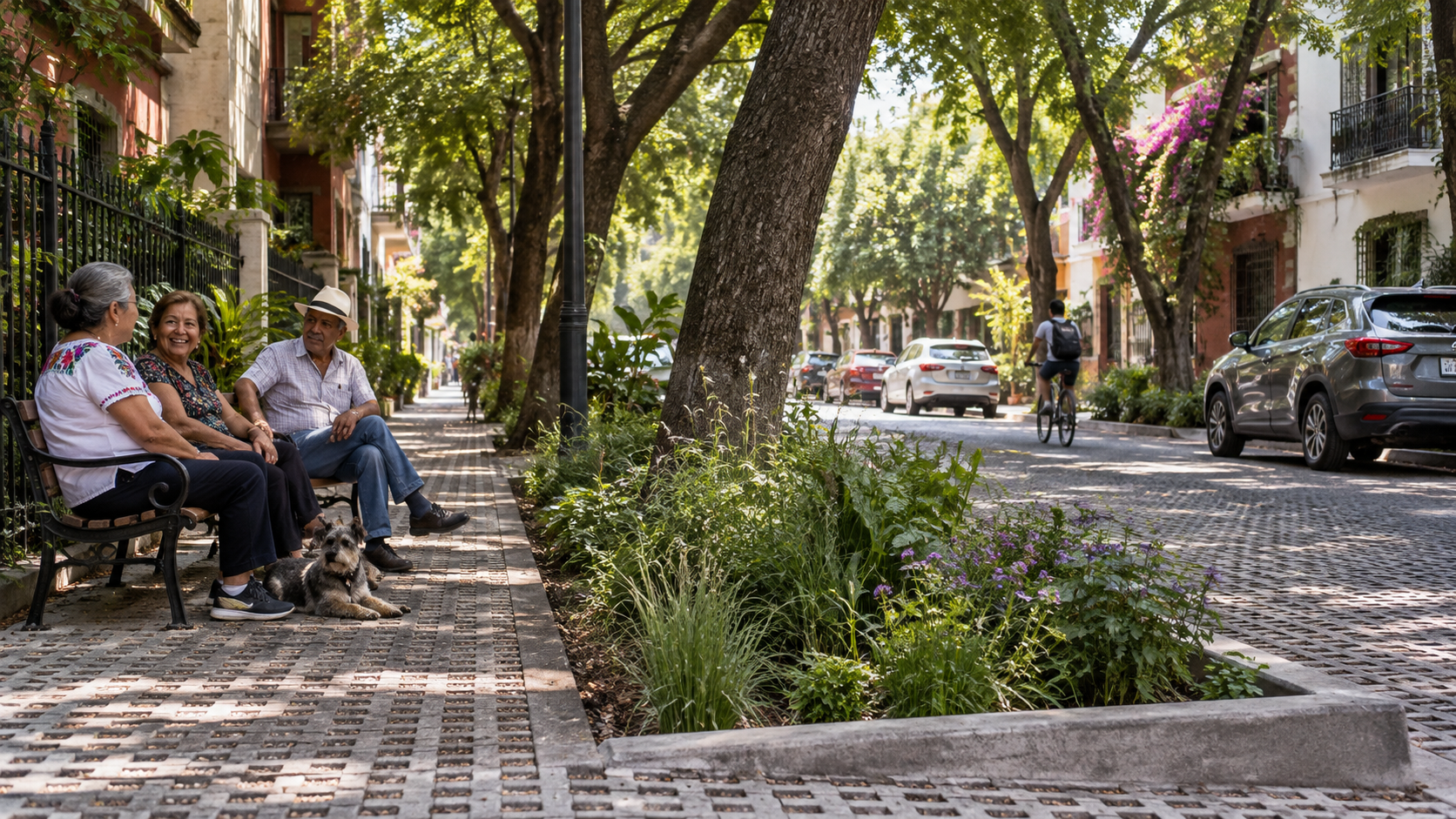 Vecinos caminan bajo árboles jóvenes en una calle de la Ciudad de México con superficies permeables.